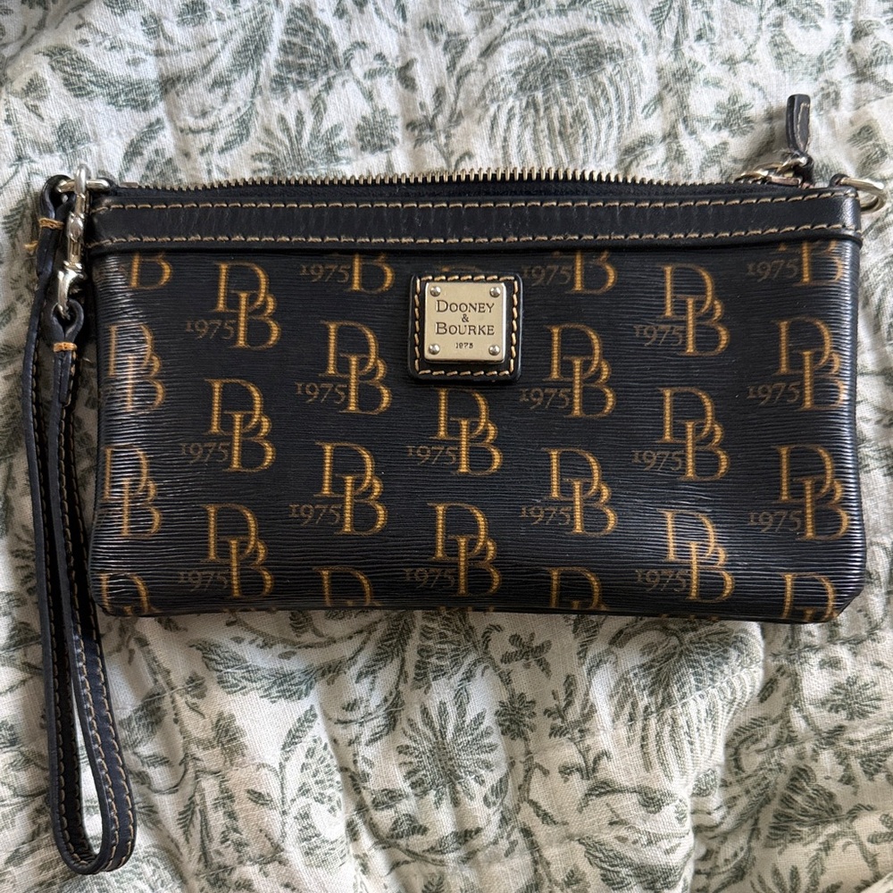 Dooney & Bourke Black and Tan Monogram Wristlet Early 2000s